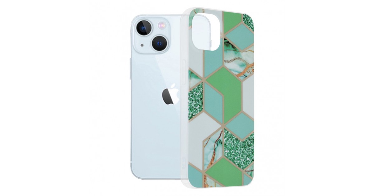 Husa Carcasa Spate pentru iPhone 13 - Marble Design, Hexagoane Verzi