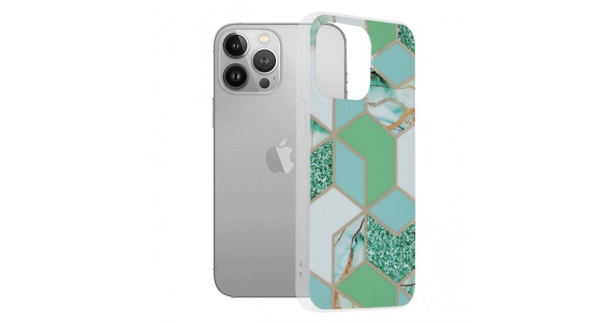 Husa Carcasa Spate pentru iPhone 13 Pro - Marble Design, Hexagoane Verzi