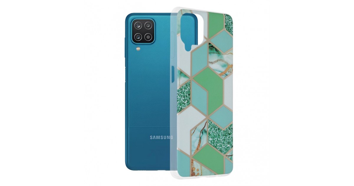 Husa Carcasa Spate pentru Samsung Galaxy A12 / Galaxy A12 (Nacho) - Marble Design, Hexagoane Verzi