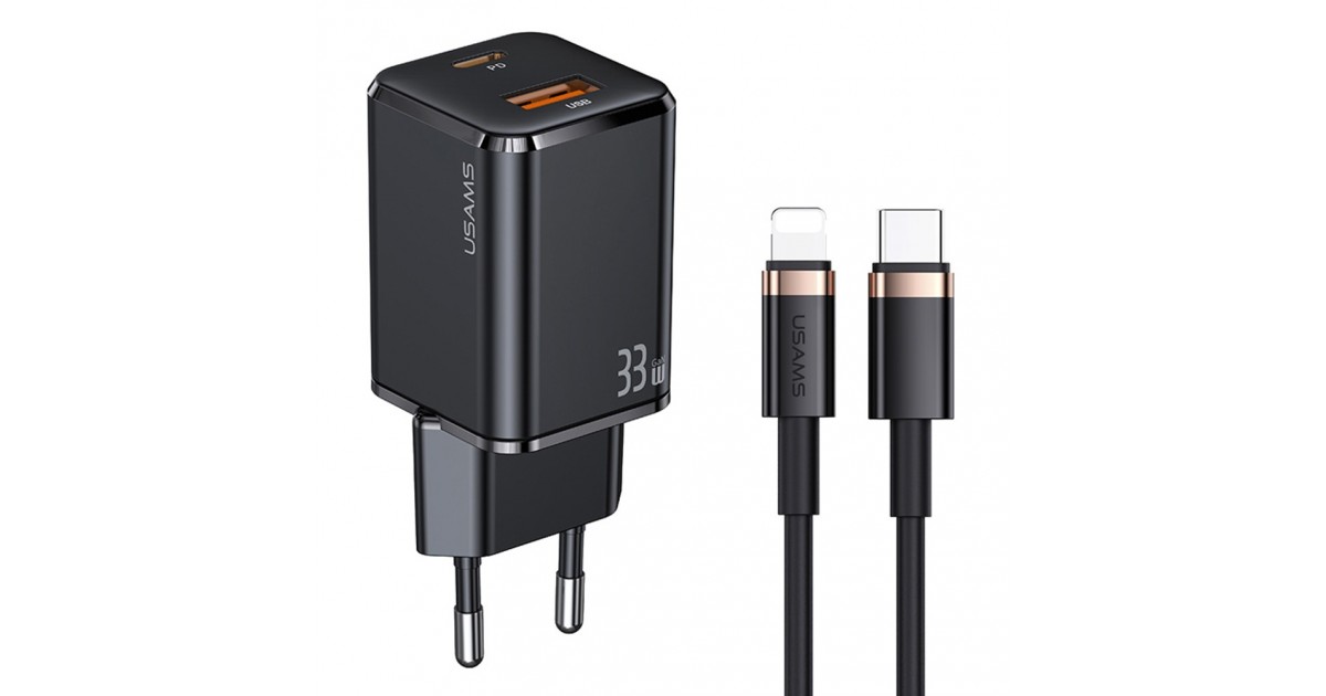 Incarcator Priza 1xUSB-C GaN 33W, 1xUSB-A QC3.0 + Cablu Lightning 1.2m - USAMS (USKTZ01) - Black