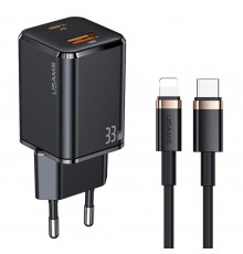 Incarcator Priza 1xUSB-C GaN 33W, 1xUSB-A QC3.0 + Cablu Lightning 1.2m - USAMS (USKTZ01) - Black