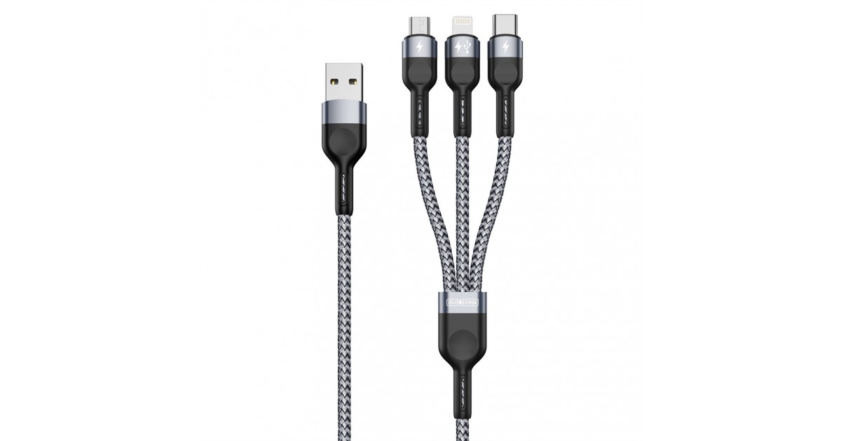 Cablu de Date 3 in 1, USB la Type-C, Lightning, Micro-USB, 1.3m - Duzzona (A3) - Grey