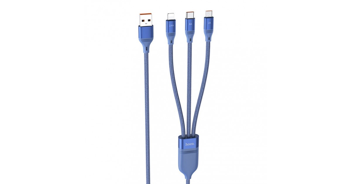 Cablu de Date 3in1 USB-A la Lightning, Type-C, Micro-USB 66W, 6A, 1.2m - Hoco Ultra (U104) - Blue