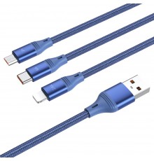 Cablu de Date 3in1 USB-A la Lightning, Type-C, Micro-USB 66W, 6A, 1.2m - Hoco Ultra (U104) - Blue