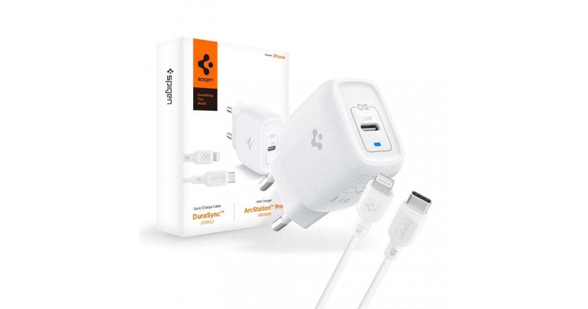 Incarcator Priza Type-C PD 20W, cablu Type-C la Lightning - Spigen (PE2C10CL) - White