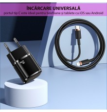 Incarcator Priza 1xUSB-C PD 20W + Cablu Lightning 1.2m - USAMS (XFKXLOGTL01) - Black