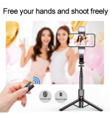 Selfie Stick Stabil Wireless cu Lumina LED Detasabila, 108cm - Techsuit Tripod Mount LED (L12D) - Black