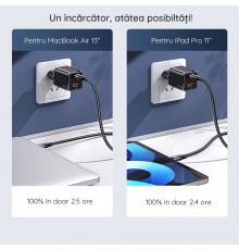 Incarcator Priza 1xUSB-C GaN 33W, 1xUSB-A QC3.0 + Cablu Lightning 1.2m - USAMS (USKTZ01) - Black