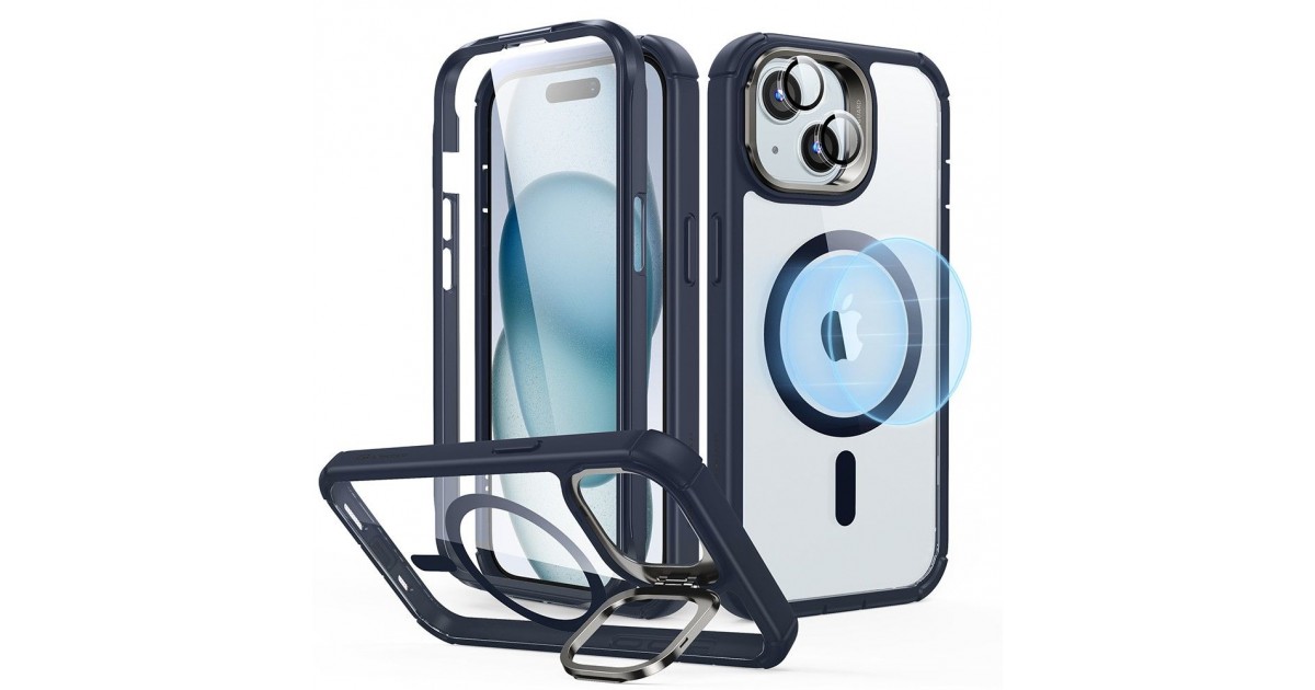 Husa pentru iPhone 15 Plus + Folie - ESR Armor Tough Kickstand HaloLock - Clear Albastra inchisa