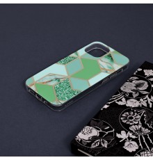 Husa Carcasa Spate pentru iPhone 13 Mini - Marble Design, Hexagoane Verzi