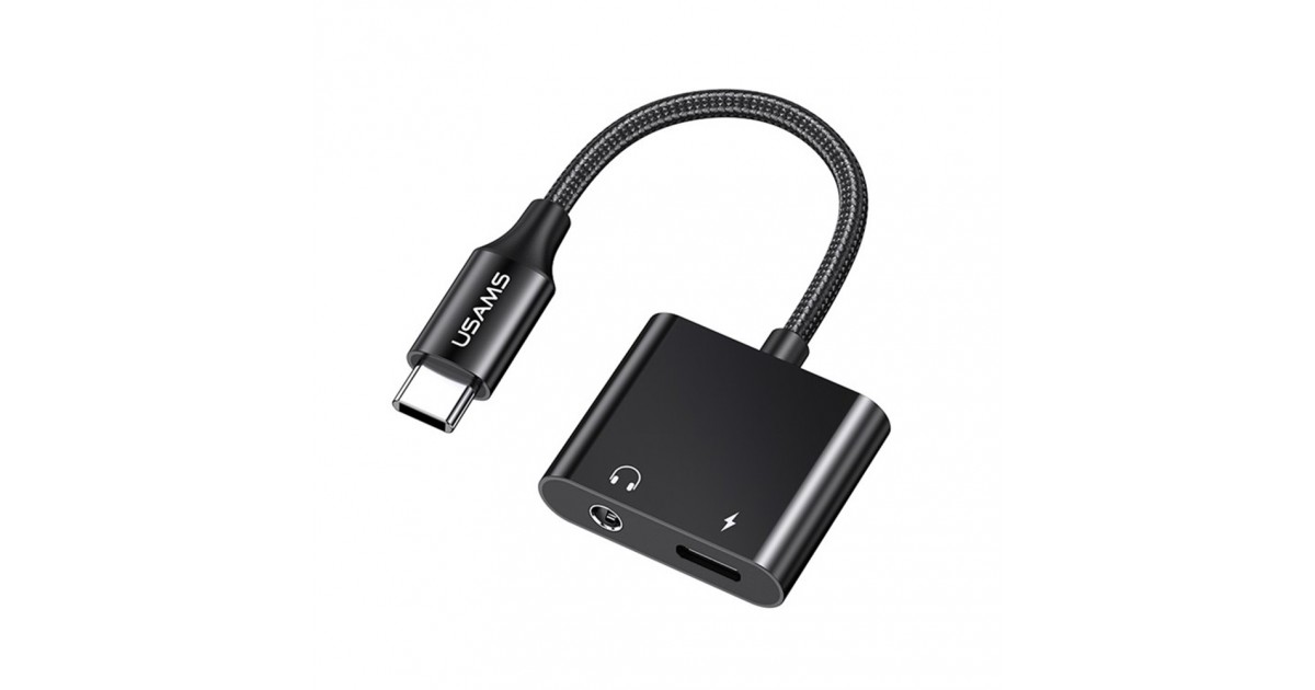 Usams - Audio Cable Adapter AU15 (US-SJ598) - Type-C to Jack 3.5mm, USB-C PD60W - Negru