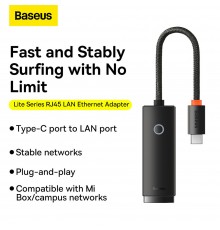 Adaptor USB-C to RJ45 LAN Port, 1000Mbps - Baseus Lite Series (WKQX000301) - Negru