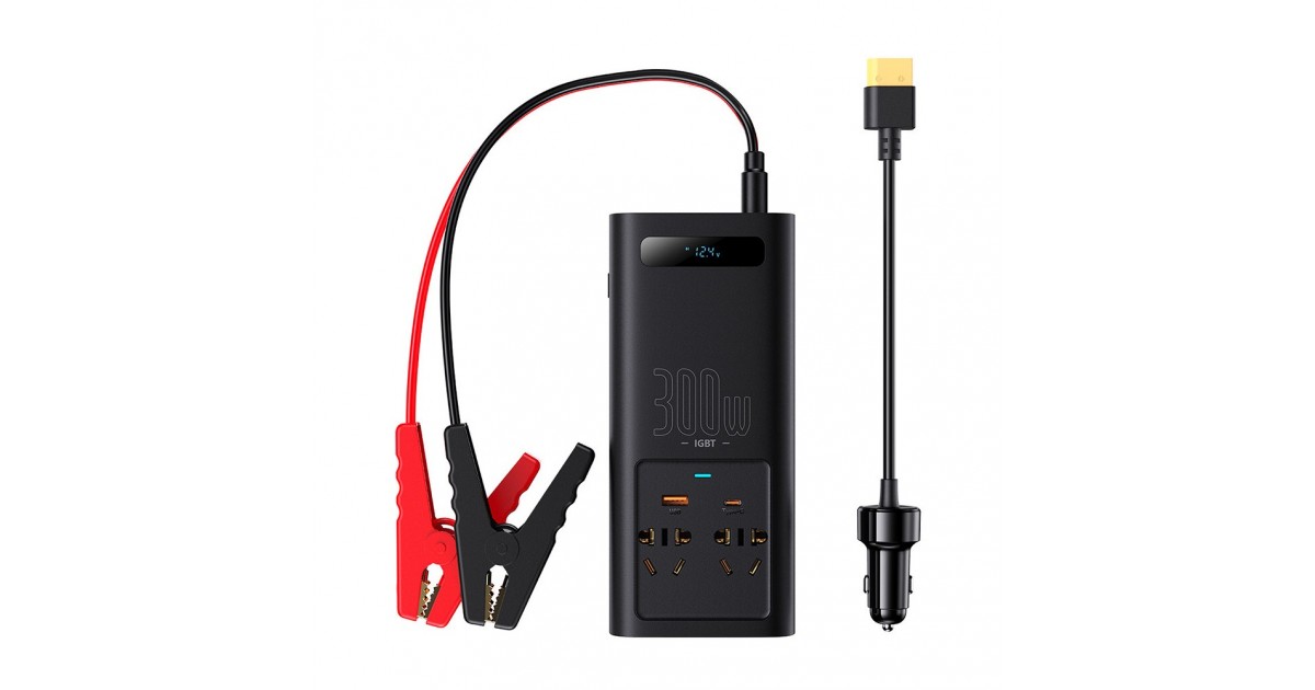 Invertor pentru Masina USB, Type-C, CN/EU, 220V, 300W + Cleme si Cablu 12V - Baseus (CGNB010101) - Negru