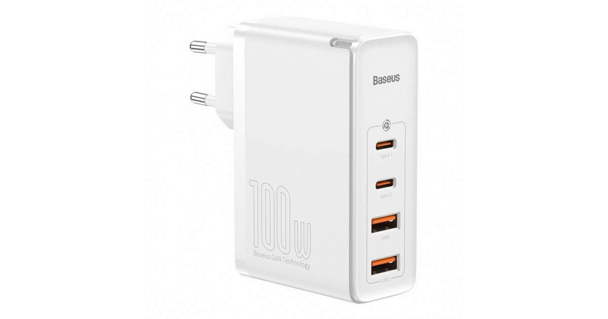 Incarcator 2x USB-C PD 100W, 2x USB-A QC3.0 + Cablu Type-C - Baseus (CCGAN2P-L02) - Alb