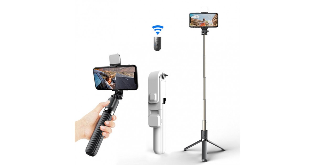 Selfie Stick Stabil Bluetooth, 84cm - Techsuit Remote and Tripod Mount LED (L03S) - Alb