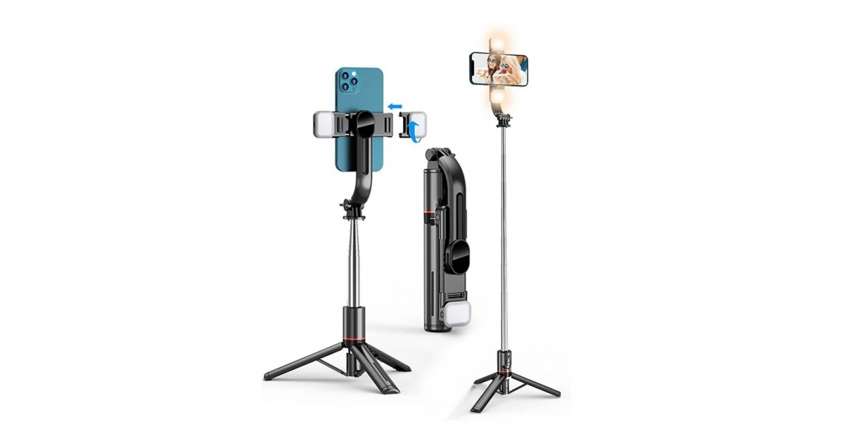 Selfie Stick Stabil cu Trepied si Lumina, 116cm - Techsuit (L13d) - Negru
