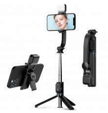 Selfie Stick Stabil Bluetooth cu Trepied si Lumini, 75cm - Techsuit (Q08D) - Black