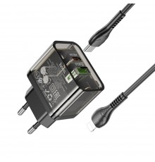 Incarcator USB, Type-C, QC3.0, 20W + Cablu Type-C la Lightning, 1m - Hoco Dazzling (N34) - Transparent Negru