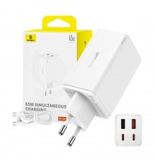 Incarcator pentru Priza 2x USB, 2x Type-C, 65W + Cablu Type-C la Type-C - Baseus (P10162701213-00) - Alb