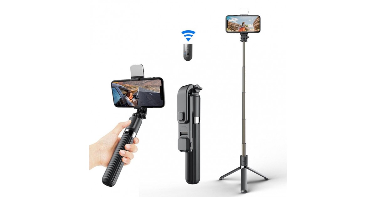 Selfie Stick Stabil Bluetooth, 84cm - Techsuit Remote and Tripod Mount LED (L03S) - Negru